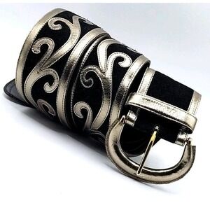 Vintage AVIGNON Wide Belt Small Statement Leather Black Gold Disco Dynasty 80s